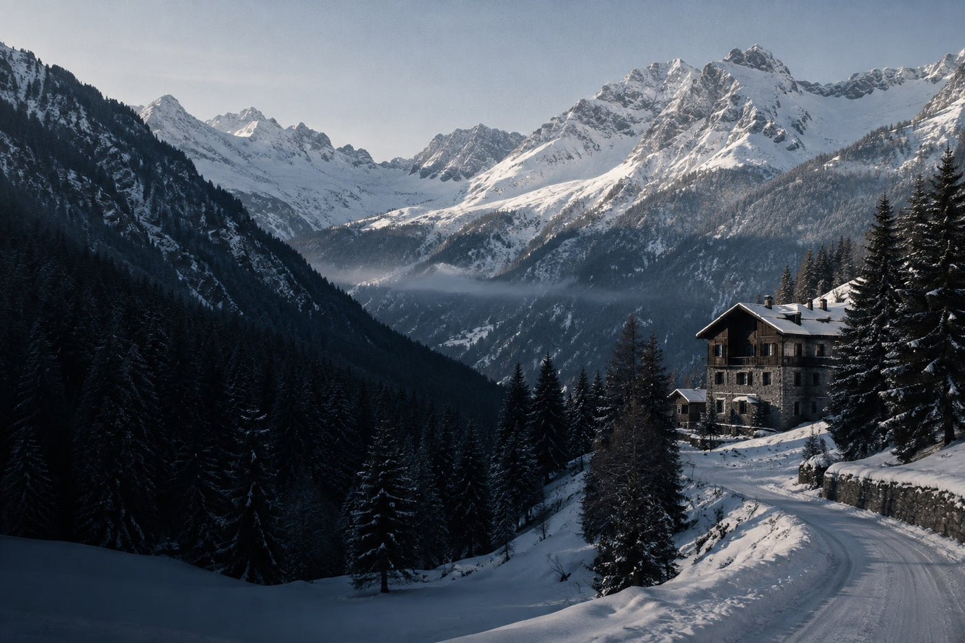 Digital editorial illustration of a snowy Alpine valley